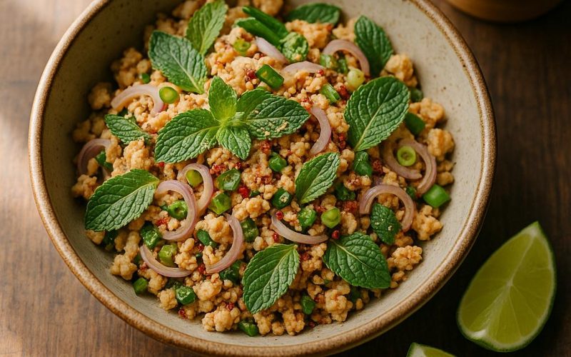 Larb Gai Rezept: Thai Hähnchensalat mit Limettensaft, Fischsauce, Minze, Schalotten und geröstetem Reispulver – serviert mit Klebreis