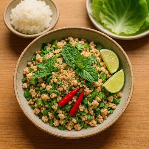 Larb Gai Rezept: Thai Hähnchen-Hack-Salat mit Minze, Limettensaft, Chili und geröstetem Reispulver, serviert in Salatblättern mit Klebreis