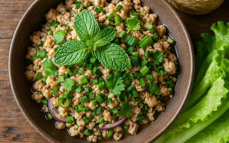 Larb Gai Rezept: thailändischer Hähnchen-Hackfleischsalat mit Minze, Koriander, Frühlingszwiebeln und geröstetem Reis, serviert mit Klebreis und Salatblättern
