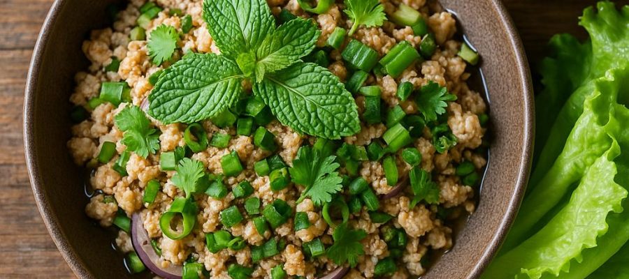 Larb Gai Rezept: thailändischer Hähnchen-Hackfleischsalat mit Minze, Koriander, Frühlingszwiebeln und geröstetem Reis, serviert mit Klebreis und Salatblättern
