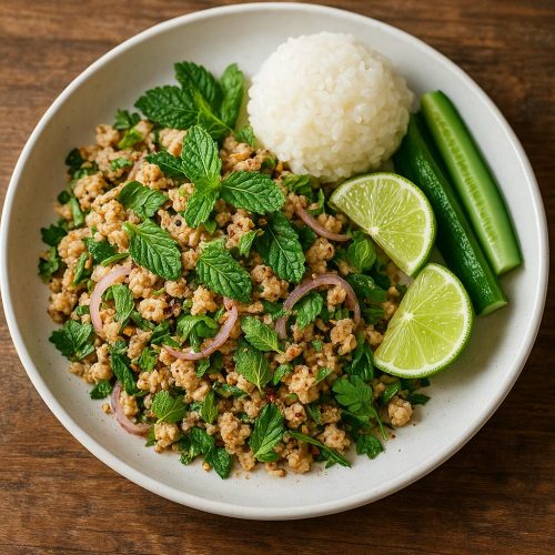 Larb Gai Rezept: thailändischer Hähnchensalat mit Limette, Kräutern und geröstetem Reispulver, serviert mit Klebreis und Gurke