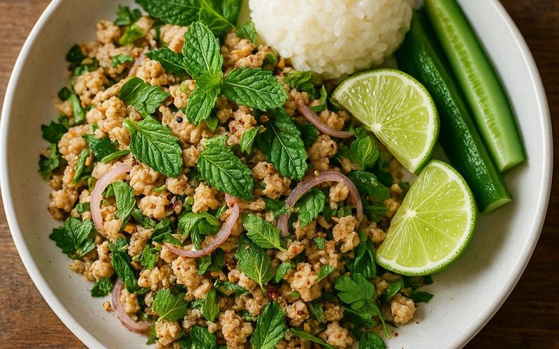 Larb Gai Rezept: thailändischer Hähnchensalat mit Limette, Kräutern und geröstetem Reispulver, serviert mit Klebreis und Gurke