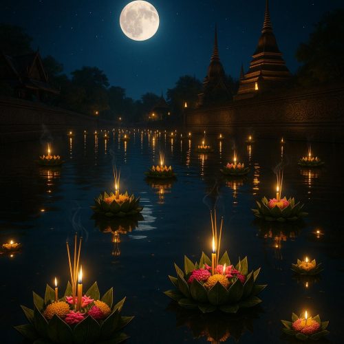 Loy Krathong Festival in Thailand: Schwimmende Krathongs mit Kerzen und Blumen auf einem Fluss im November, ohne Personen im Bild