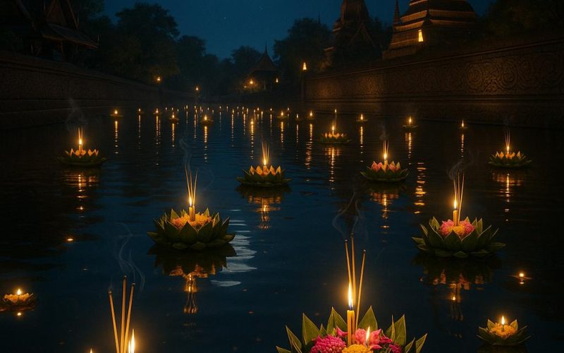 Loy Krathong Festival in Thailand: Schwimmende Krathongs mit Kerzen und Blumen auf einem Fluss im November, ohne Personen im Bild