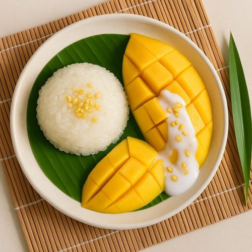 Thailändischer Mango‑Klebreis (Khao Niao Mamuang) mit Kokossoße auf Bananenblatt, angerichtet mit reifer Mango und gerösteten Mungbohnen, authentisches Rezept