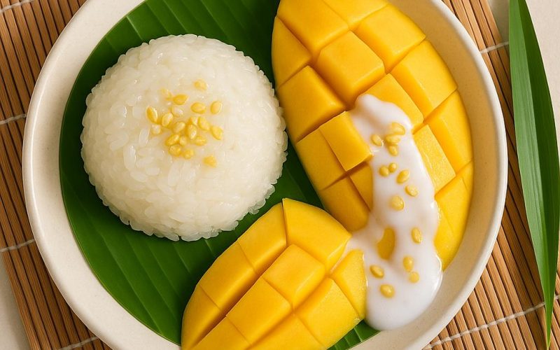 Thailändischer Mango‑Klebreis (Khao Niao Mamuang) mit Kokossoße auf Bananenblatt, angerichtet mit reifer Mango und gerösteten Mungbohnen, authentisches Rezept