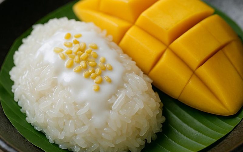 Khao Niao Mamuang – Mango Sticky Rice mit Klebreis, Kokossoße und reifer Mango auf Bananenblatt, thailändisches Dessert