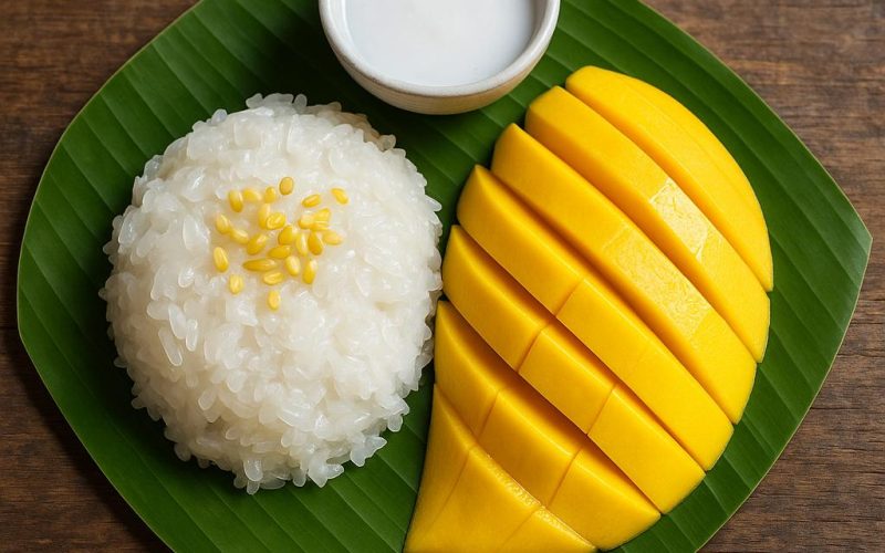 Khao Niew Mamuang: Mango Sticky Rice mit Kokosmilch, reifen Mangos und Sesam auf Bananenblatt – authentisches thailändisches Dessert Rezept
