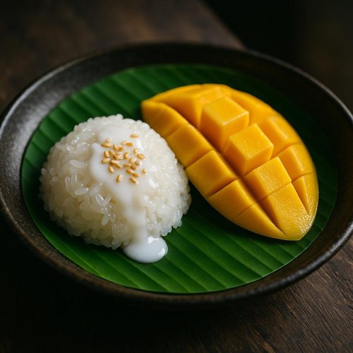 Khao Niao Mamuang: Mango Sticky Rice auf Bananenblatt mit Kokossauce, sesamgetoppt – authentisches Thai-Dessert
