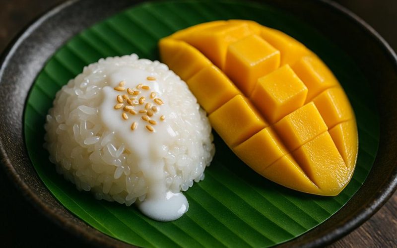 Khao Niao Mamuang: Mango Sticky Rice auf Bananenblatt mit Kokossauce, sesamgetoppt – authentisches Thai-Dessert
