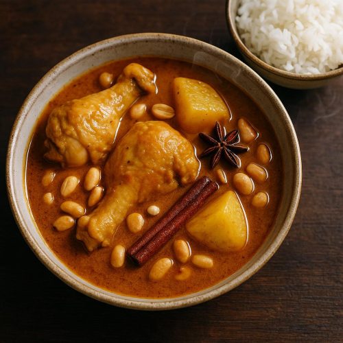 Schüssel Massaman‑Curry mit Hähnchen, Kartoffeln, Erdnüssen und Zimtstange auf dunklem Holztisch, daneben Jasminreis