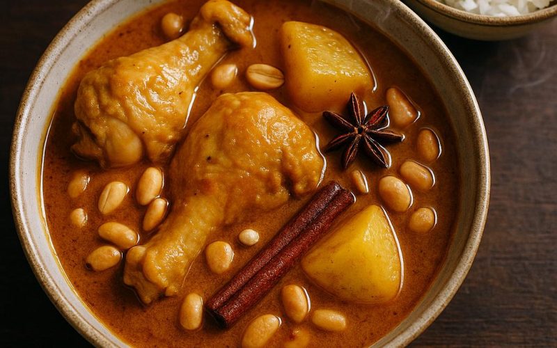 Schüssel Massaman‑Curry mit Hähnchen, Kartoffeln, Erdnüssen und Zimtstange auf dunklem Holztisch, daneben Jasminreis