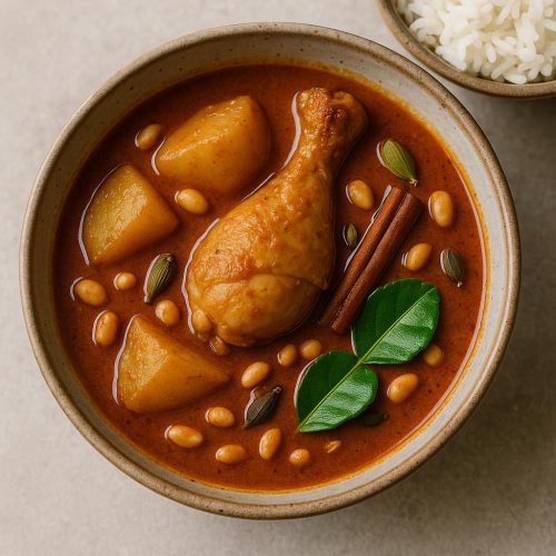 Thai Massaman Curry mit Huhn und Kartoffeln in cremiger Kokossauce, garniert mit Erdnüssen und serviert mit Jasminreis