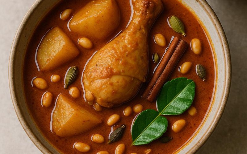 Thai Massaman Curry mit Huhn und Kartoffeln in cremiger Kokossauce, garniert mit Erdnüssen und serviert mit Jasminreis