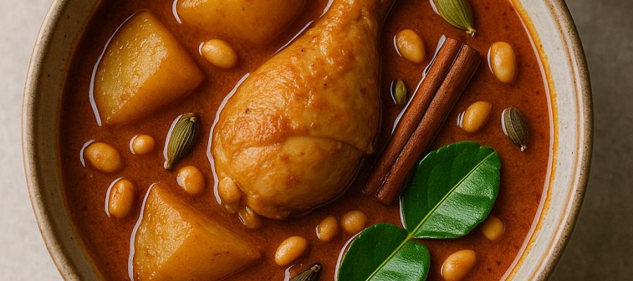 Thai Massaman Curry mit Huhn und Kartoffeln in cremiger Kokossauce, garniert mit Erdnüssen und serviert mit Jasminreis