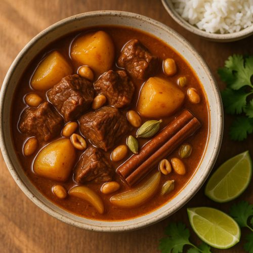 Schüssel Massaman Curry mit zartem Rindfleisch, Kartoffeln und Erdnüssen neben Jasminreis – authentisches Thai-Rezept, cremig und aromatisch