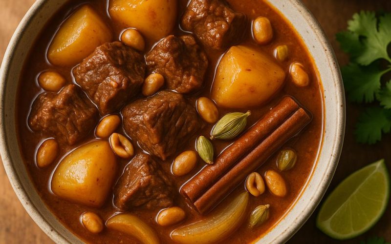 Schüssel Massaman Curry mit zartem Rindfleisch, Kartoffeln und Erdnüssen neben Jasminreis – authentisches Thai-Rezept, cremig und aromatisch