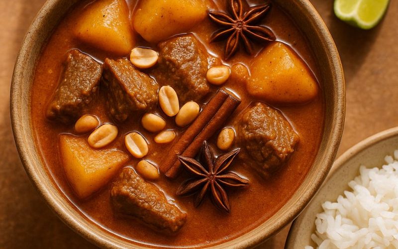 Massaman Curry mit Rind und Kartoffeln in cremiger Kokossoße mit Erdnüssen – authentisches Thai Rezept