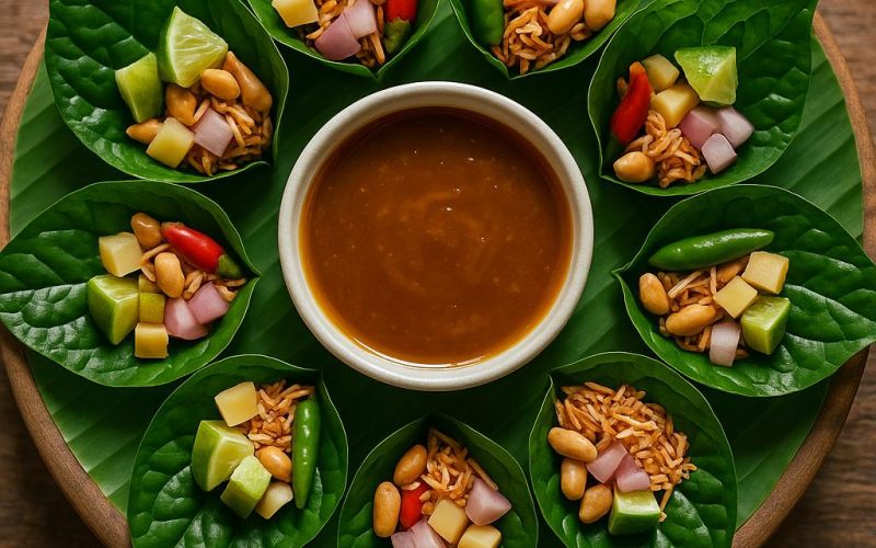 Miang Kham Rezept: Thai Blätterhäppchen mit Cha‑Plu/Spinat, Limettenwürfeln, Ingwer, Chili, gerösteter Kokosnuss und Erdnüssen auf Bananenblatt