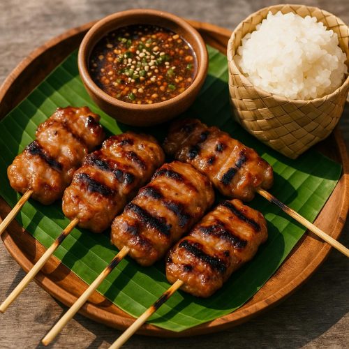 Moo Ping Rezept: thailändische Schweinespieße vom Grill mit karamellisierter Kokosmarinade, Klebreis und Jaew-Dip auf Bananenblatt