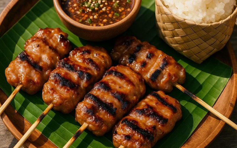 Moo Ping Rezept: thailändische Schweinespieße vom Grill mit karamellisierter Kokosmarinade, Klebreis und Jaew-Dip auf Bananenblatt