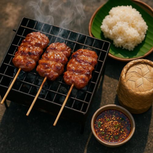 Moo Ping Rezept: thailändische Schweinespieße vom Grill mit Nam Jim Jaew und Klebreis auf Bananenblatt