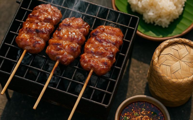 Moo Ping Rezept: thailändische Schweinespieße vom Grill mit Nam Jim Jaew und Klebreis auf Bananenblatt
