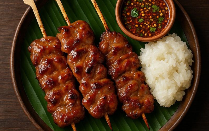 Moo Ping: gegrillte Thai‑Schweinespieße auf Bambusspießen mit Nam Jim Jaew und Klebreis auf Bananenblatt – authentisches Rezept
