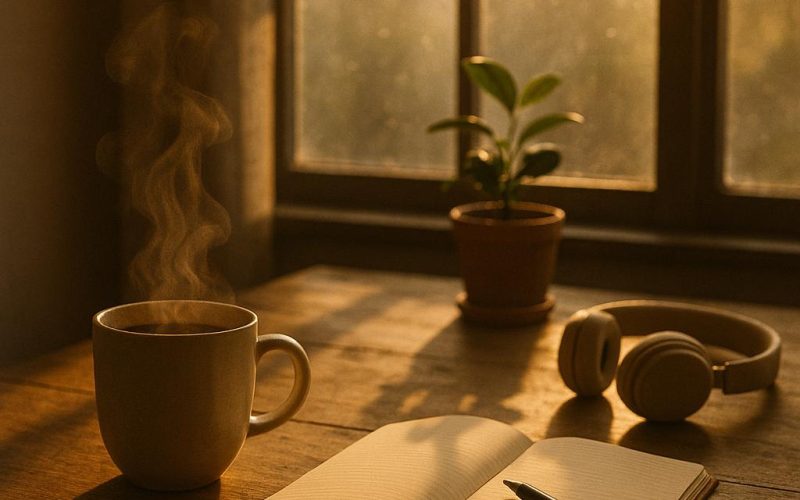 Stillleben zur Morgenroutine mit Sonnenlicht, offenem Notizbuch, Kaffeetasse und Zimmerpflanze auf Holztisch, ohne Personen