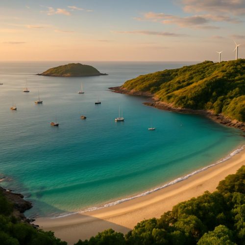 Panoramablick auf den Nai Harn Beach in Phuket, Thailand: weißer Sand, türkisblaues Meer, Insel Koh Man und Windmill Viewpoint im warmen Abendlicht