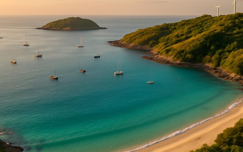 Panoramablick auf den Nai Harn Beach in Phuket, Thailand: weißer Sand, türkisblaues Meer, Insel Koh Man und Windmill Viewpoint im warmen Abendlicht