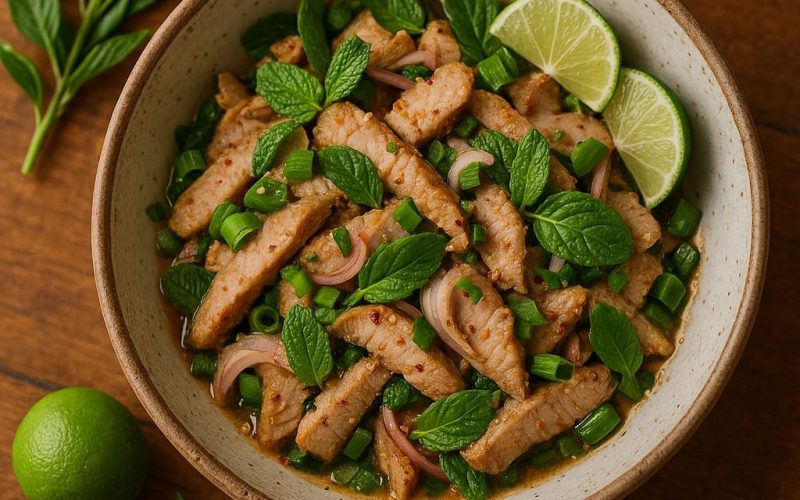 Nam Tok Moo Rezept: thailändischer Schweinefleischsalat mit Minze, Limette, Schalotten und geröstetem Reis in einer Schale, serviert mit Klebreis