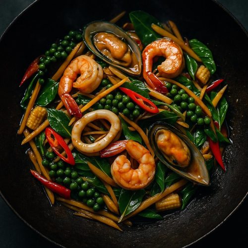 Pad Cha Talay im Wok – Meeresfrüchte mit Fingerwurz, grünen Pfefferkörnern und Basilikum, scharfes Thai-Wokgericht