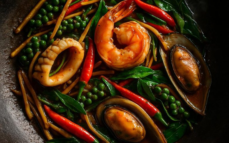 Pad Cha Talay im Wok mit Garnelen, Tintenfisch, Fingerwurz, Kaffir-Limettenblättern und grünem Pfeffer – authentisches thailändisches Wokgericht