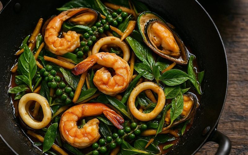 Pad Cha Talay Rezept: würziges thailändisches Meeresfrüchte-Pad Cha mit Krachai, frischen grünen Pfefferkörnern und Thai-Basilikum, serviert mit Jasminreis