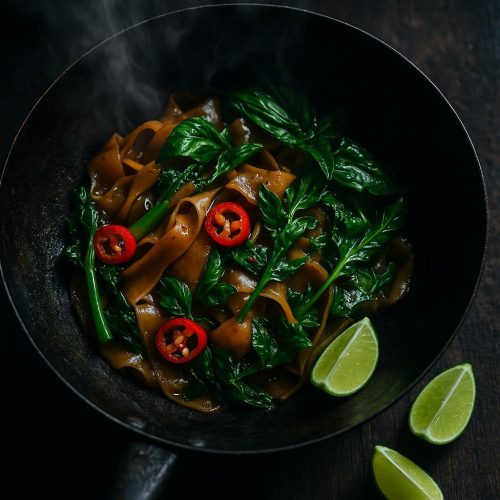 Pad Kee Mao (Drunken Noodles) mit breiten Reisnudeln, Thai‑Basilikum, Chili und Gai Lan im Wok – authentisches, schnelles Thai‑Rezept