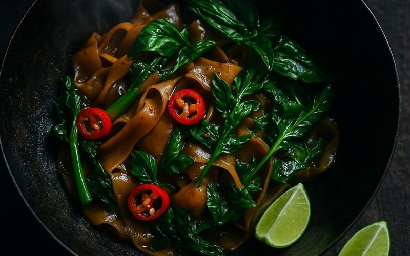 Pad Kee Mao (Drunken Noodles) mit breiten Reisnudeln, Thai‑Basilikum, Chili und Gai Lan im Wok – authentisches, schnelles Thai‑Rezept
