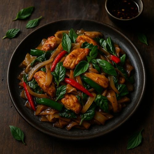 Pad Kee Mao (Drunken Noodles) mit Huhn, Thai‑Basilikum und Chili auf dunklem Teller – authentisches thailändisches Woknudel‑Rezept