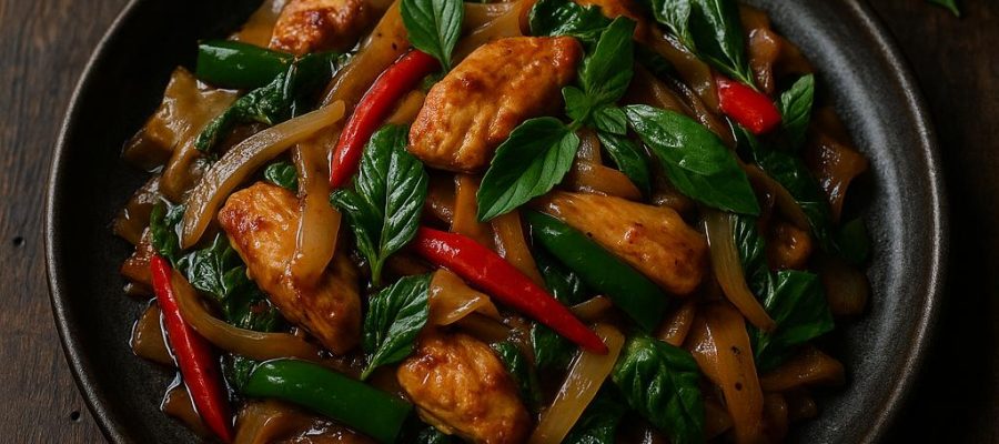 Pad Kee Mao (Drunken Noodles) mit Huhn, Thai‑Basilikum und Chili auf dunklem Teller – authentisches thailändisches Woknudel‑Rezept