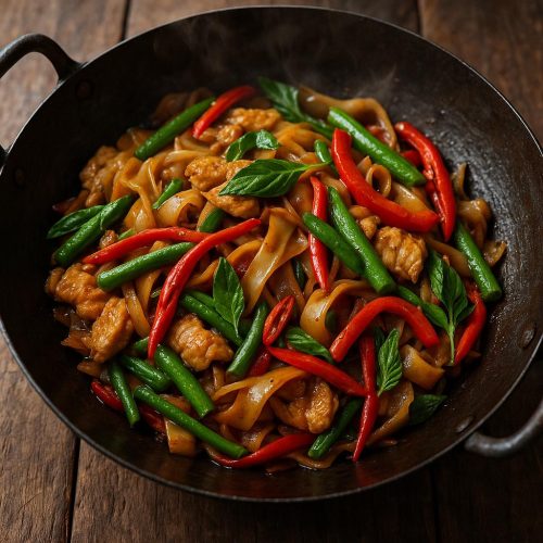 Pad Kee Mao (Drunken Noodles): thailändische gebratene Reisbandnudeln mit Hähnchen, Thai‑Basilikum, Chili, Paprika und grünen Bohnen im Wok, heiß serviert