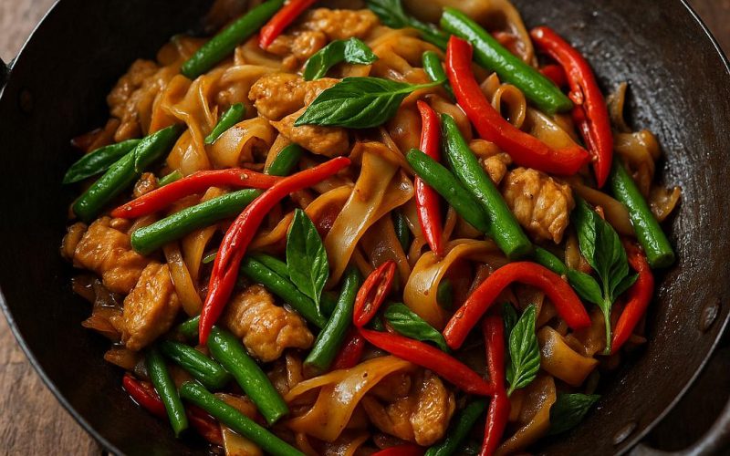 Pad Kee Mao (Drunken Noodles): thailändische gebratene Reisbandnudeln mit Hähnchen, Thai‑Basilikum, Chili, Paprika und grünen Bohnen im Wok, heiß serviert