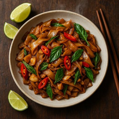 Pad Kee Mao Rezept: breite Reisnudeln mit Thai-Basilikum, Chili und Paprika – authentische Drunken Noodles aus Thailand