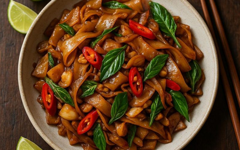 Pad Kee Mao Rezept: breite Reisnudeln mit Thai-Basilikum, Chili und Paprika – authentische Drunken Noodles aus Thailand