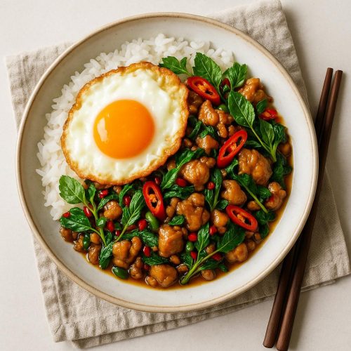 Pad Kra Pao Gai Rezept: thailändisches Basilikum‑Hähnchen mit Jasminreis und knusprigem Spiegelei, authentisch, schnell und würzig