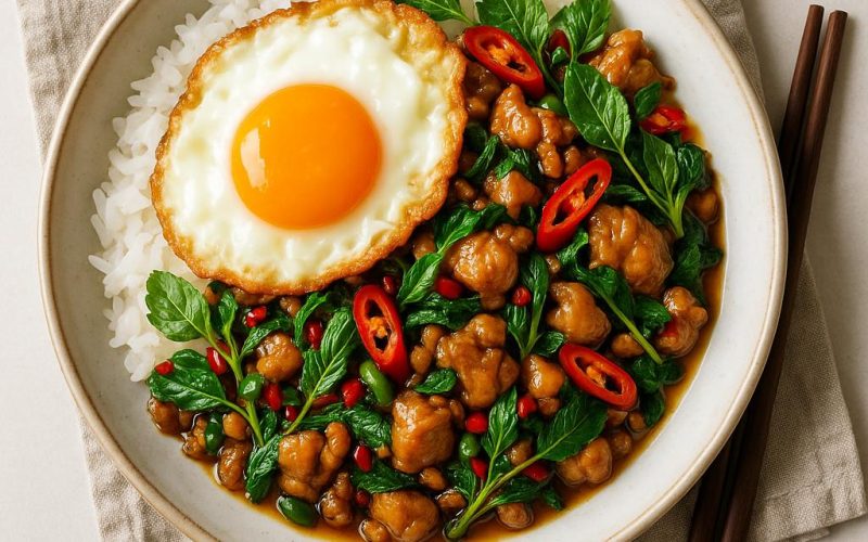 Pad Kra Pao Gai Rezept: thailändisches Basilikum‑Hähnchen mit Jasminreis und knusprigem Spiegelei, authentisch, schnell und würzig