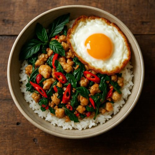 Pad Kra Pao Gai Rezept: Thai Basilikum‑Hähnchen auf Jasminreis mit knusprigem Spiegelei und frischem Holy Basil