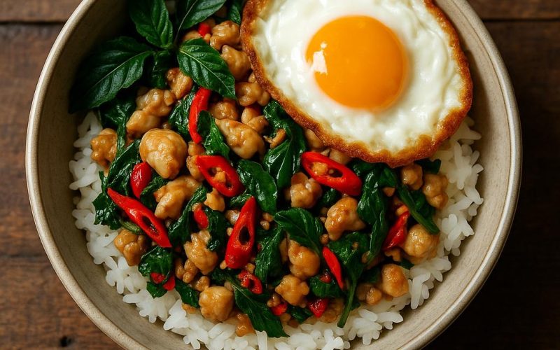 Pad Kra Pao Gai Rezept: Thai Basilikum‑Hähnchen auf Jasminreis mit knusprigem Spiegelei und frischem Holy Basil