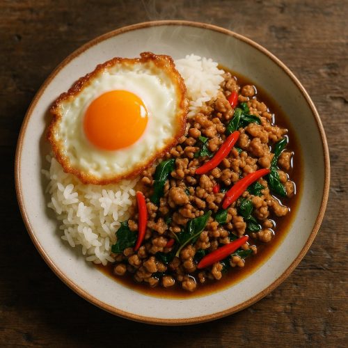 Pad Kra Pao mit heiligem Basilikum, roter Chili und knusprigem Spiegelei auf Jasminreis – authentisches thailändisches Rezept, schnell im Wok zubereitet