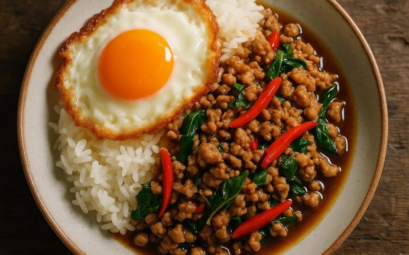 Pad Kra Pao mit heiligem Basilikum, roter Chili und knusprigem Spiegelei auf Jasminreis – authentisches thailändisches Rezept, schnell im Wok zubereitet