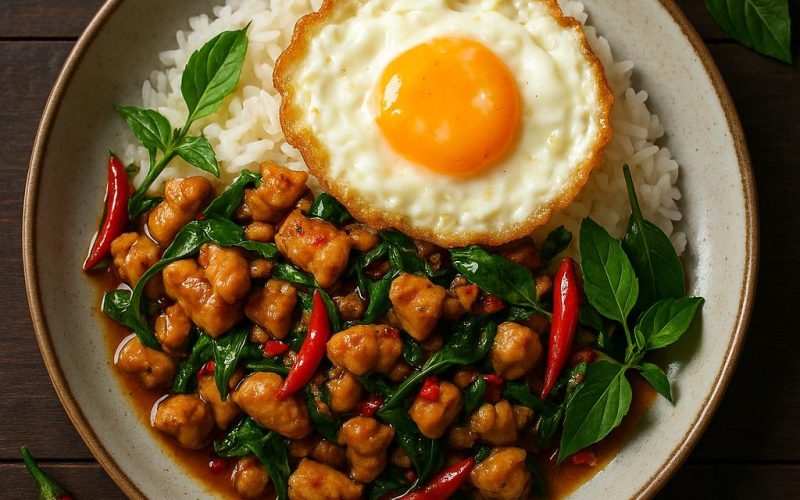 Authentisches Pad Kra Pao – thailändisches Basilikum-Hähnchen mit knusprigem Spiegelei auf Jasminreis